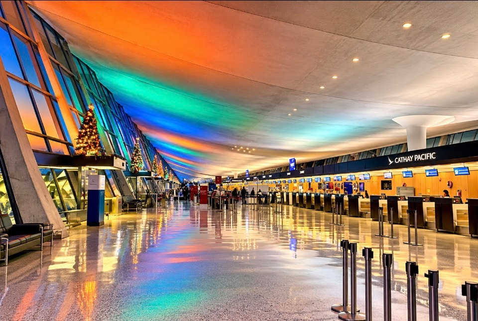 Dulles Airport terminal interior with colorful lighting