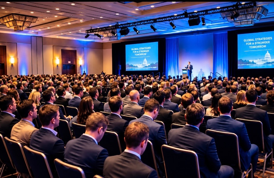 Large corporate conference ballroom with presentation screens