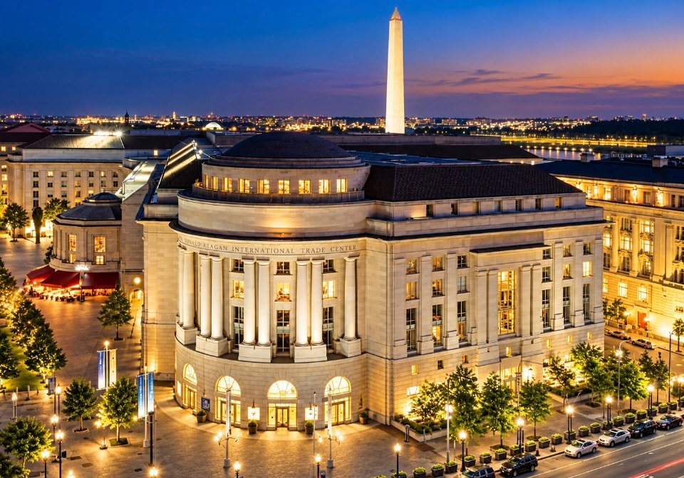Ronald Reagan International Trade Center at dusk