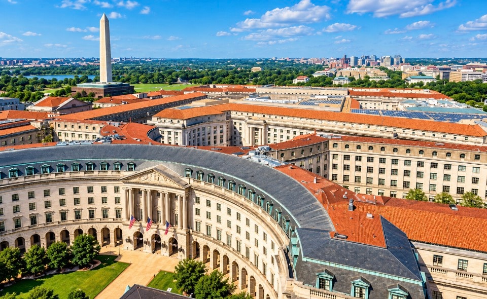 Aerial view of Washington DC government buildings