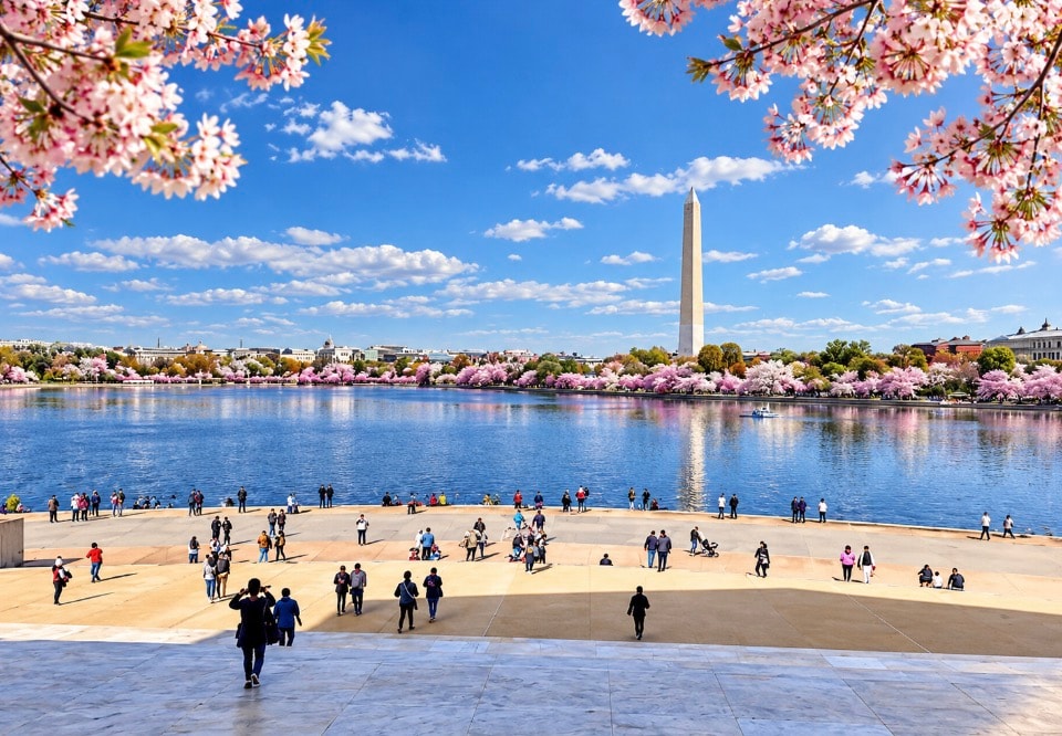 Washington Monument reflected in Tidal Basin with cherry blossoms and visitors