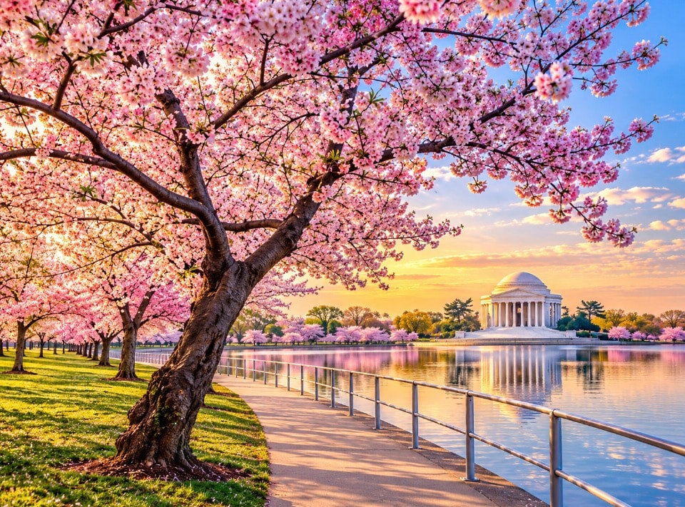 Cherry blossom trees along Tidal Basin walkway with Jefferson Memorial at golden hour