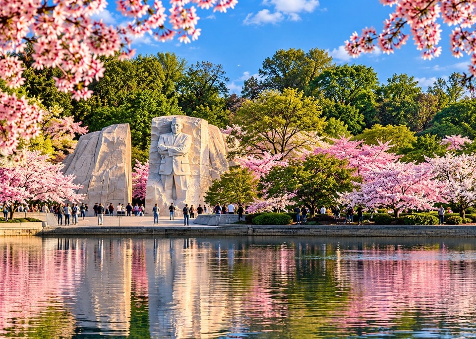 MLK Jr. Memorial with cherry blossoms and reflection