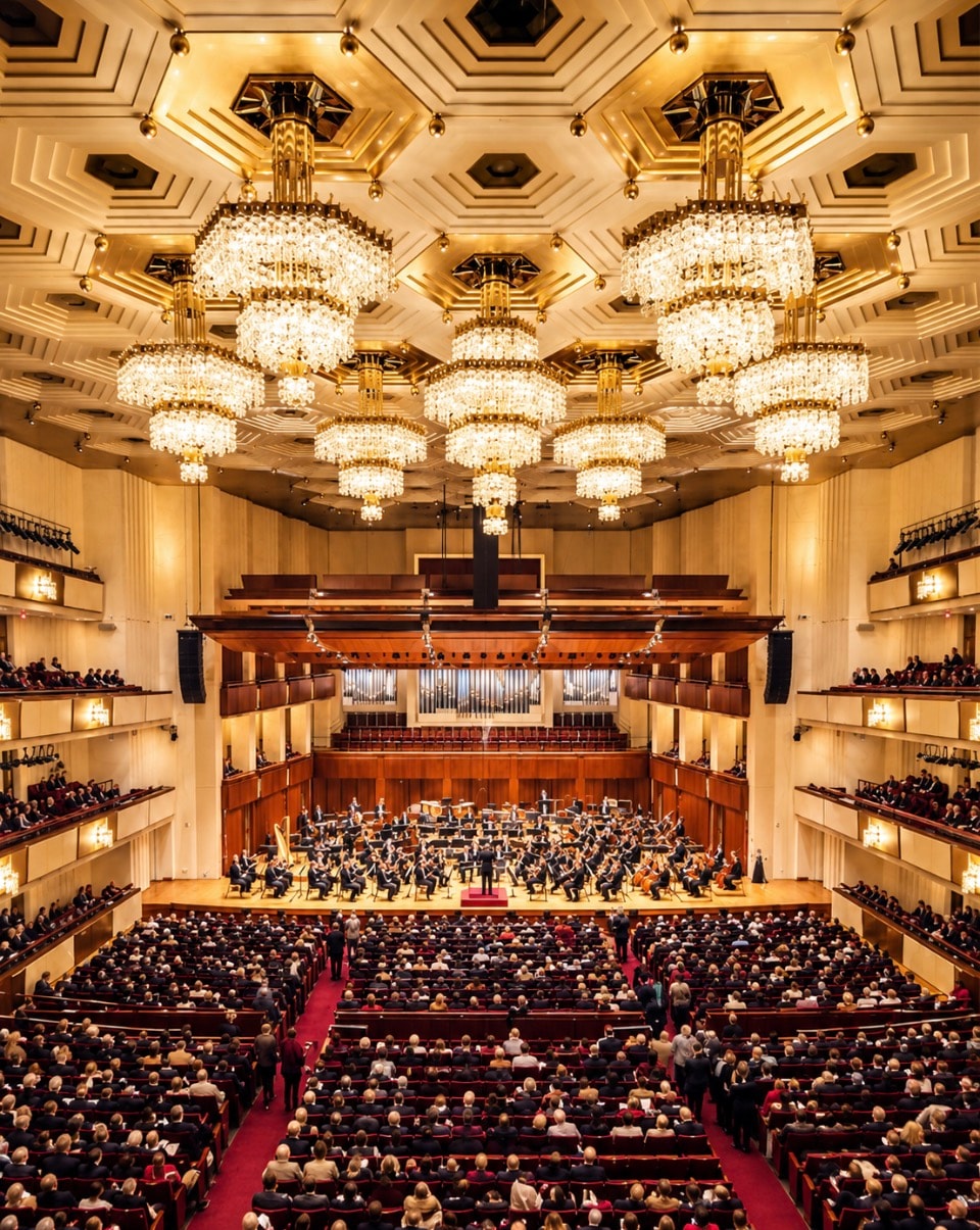 Kennedy Center Concert Hall grand interior with crystal chandeliers orchestra and packed audience