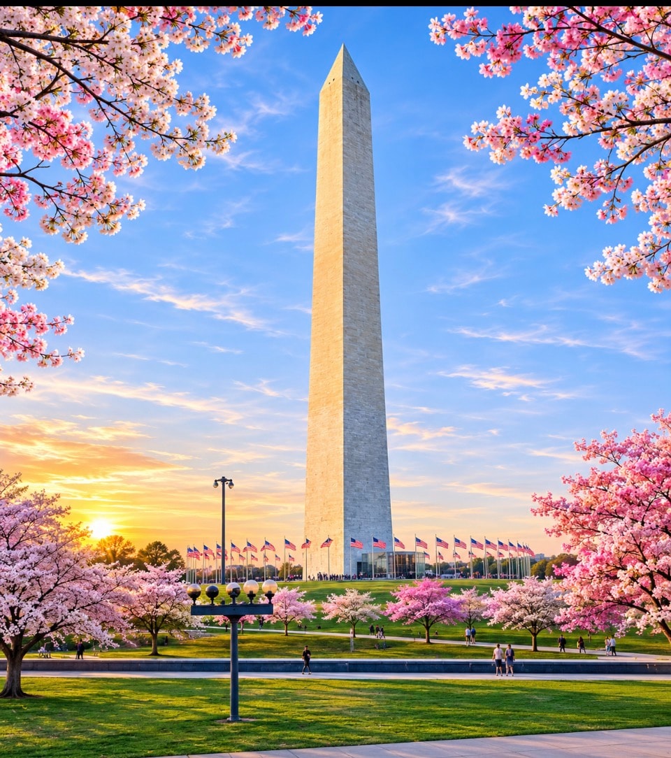 Washington Monument with cherry blossoms at sunset