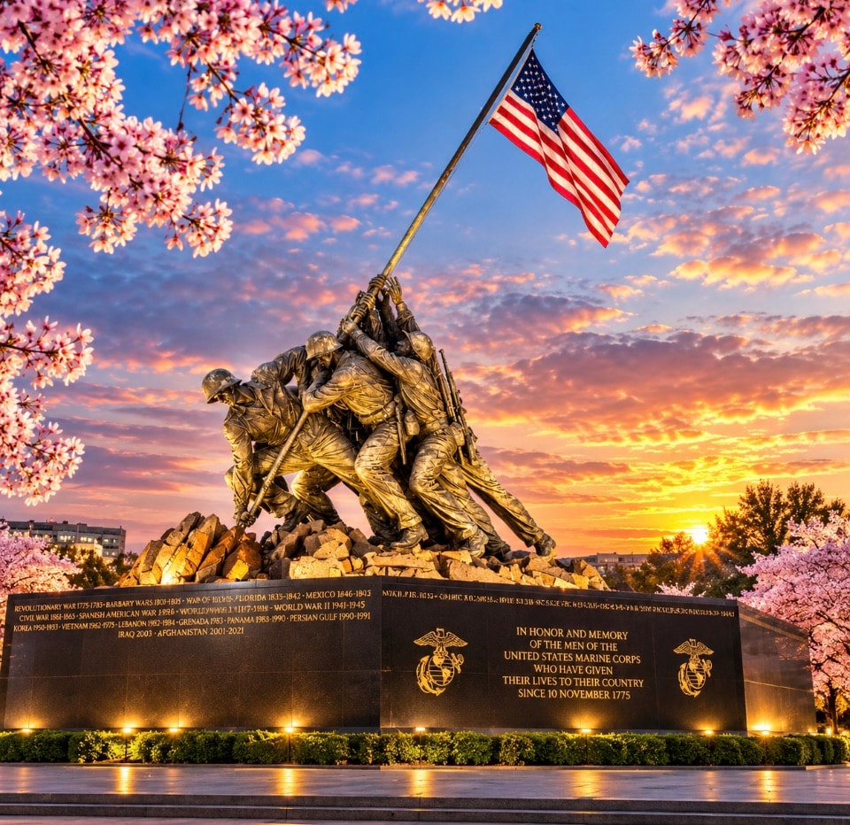 Iwo Jima Memorial with American flag and cherry blossoms