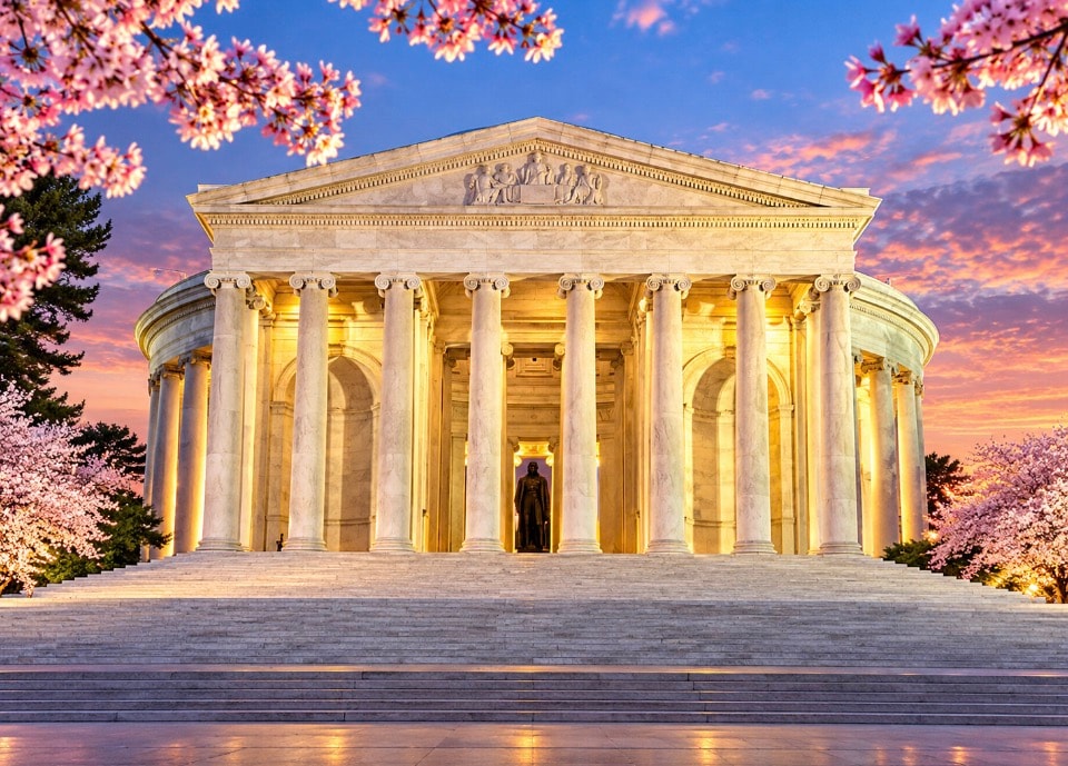 Jefferson Memorial interior with Thomas Jefferson statue and inscribed walls