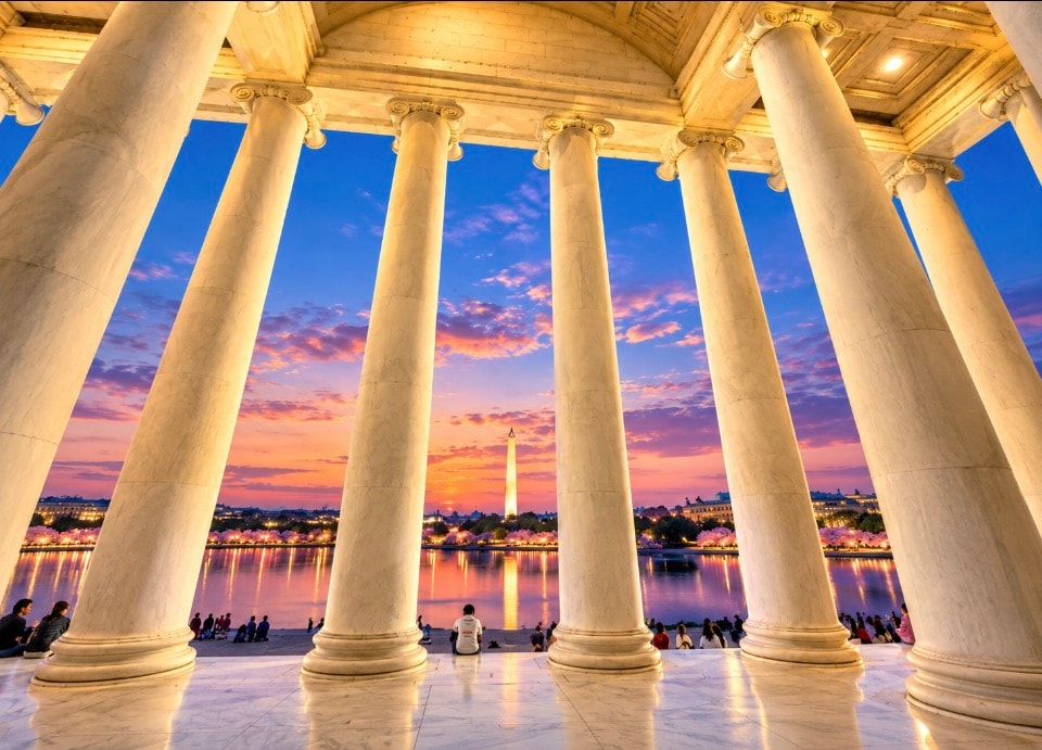 Washington Monument framed by Jefferson Memorial columns at sunset over Tidal Basin