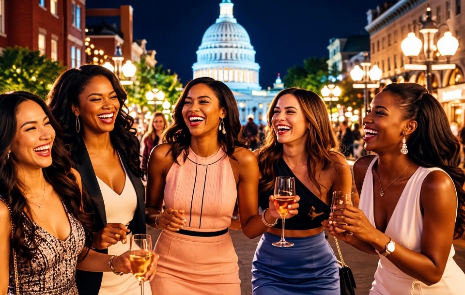 Group of women celebrating night out near US Capitol with champagne