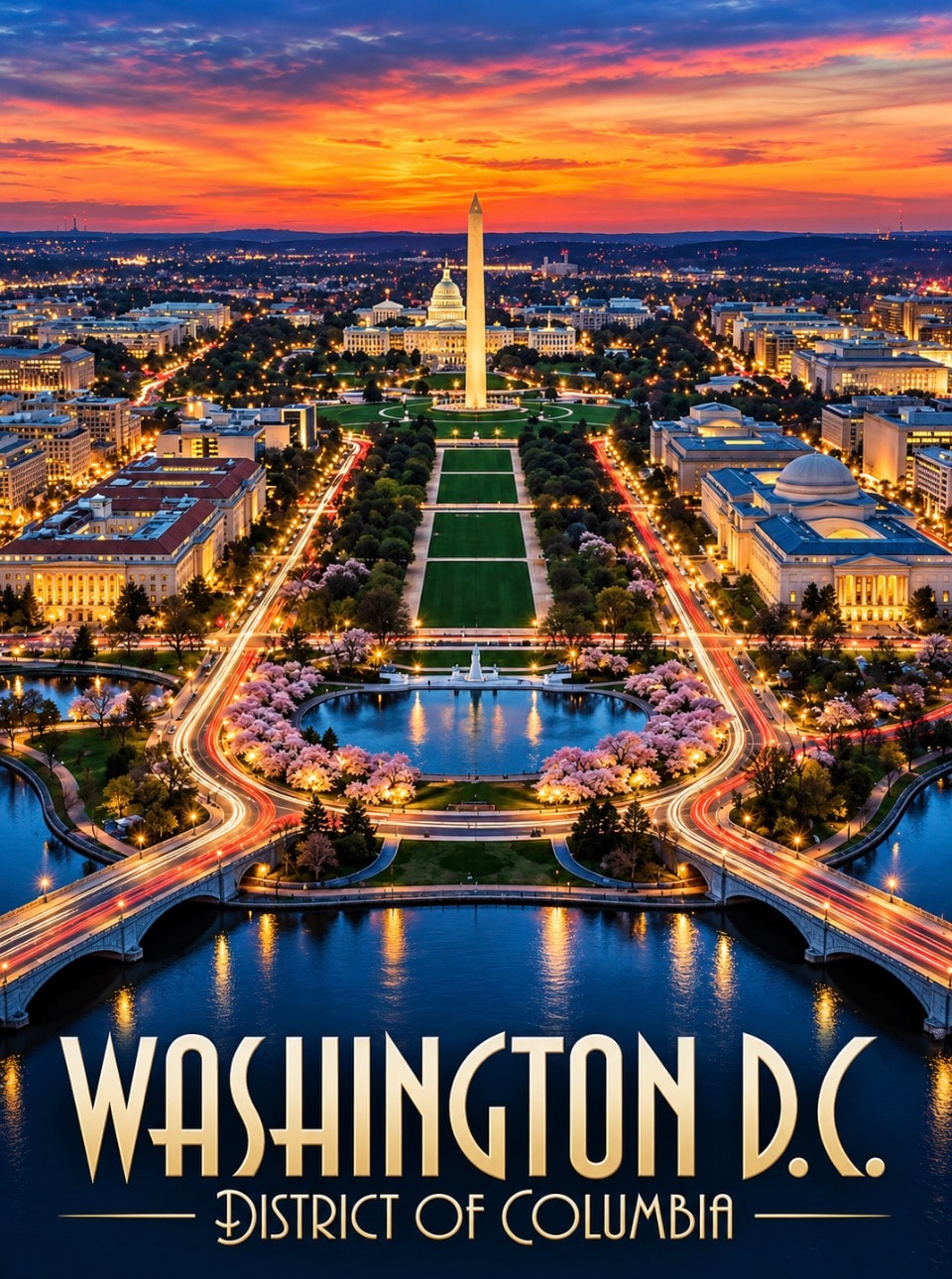Washington DC National Mall aerial view at sunset with Capitol and Washington Monument