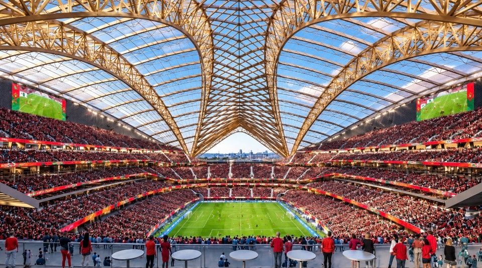 Modern soccer stadium interior with glass roof packed with fans