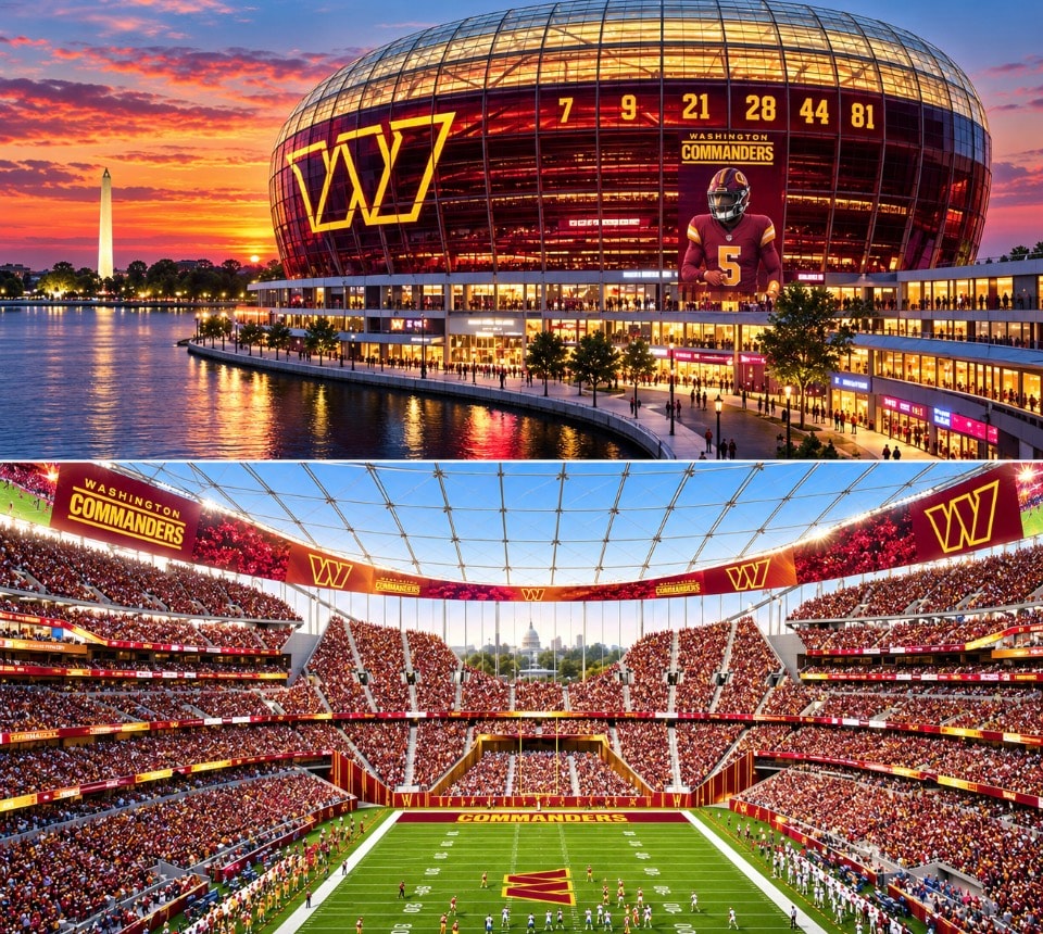 Washington Commanders stadium exterior at sunset with Washington Monument waterfront view