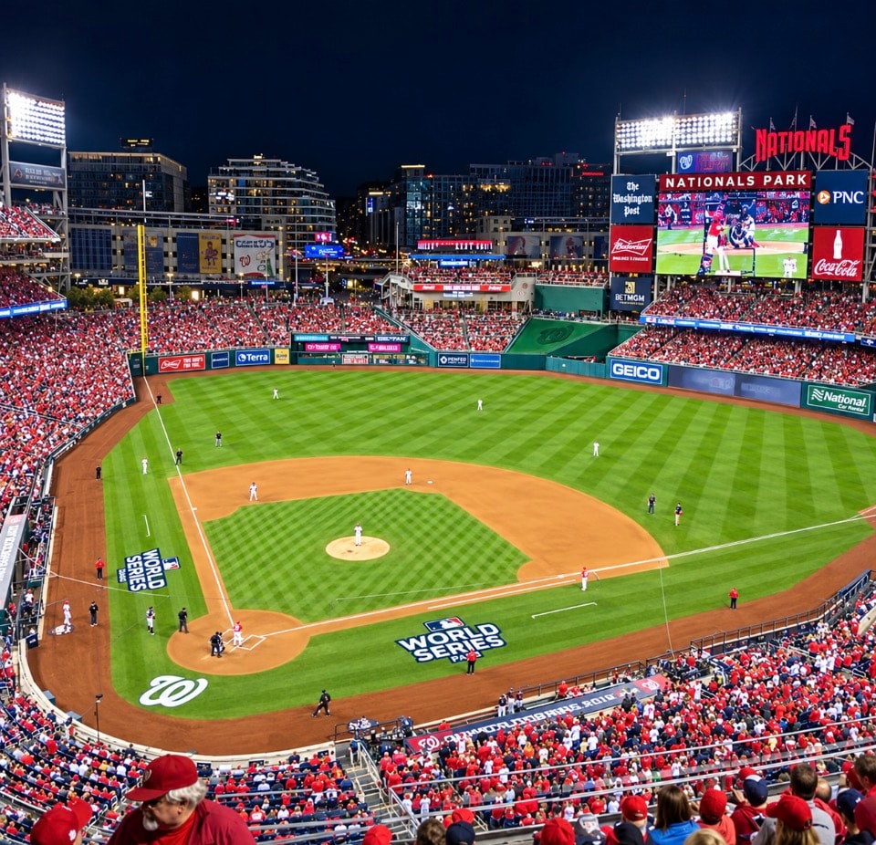 Nationals Park World Series night game aerial view