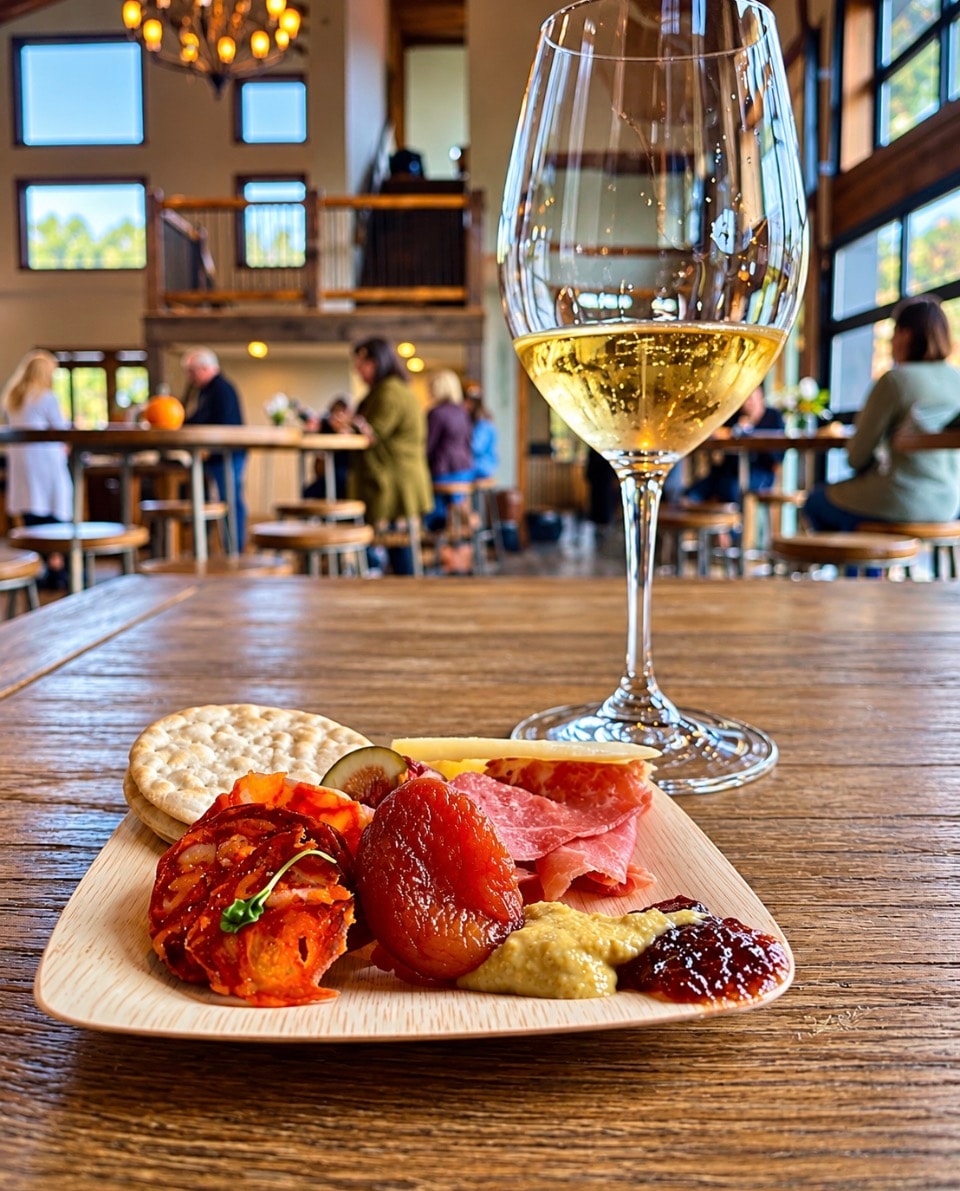 Wine glass and charcuterie board in winery tasting room