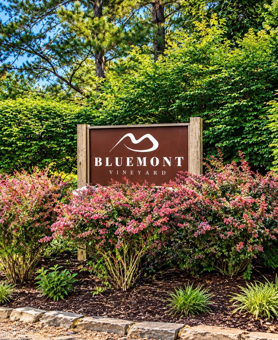 Bluemont Vineyard entrance sign surrounded by pink flowering shrubs