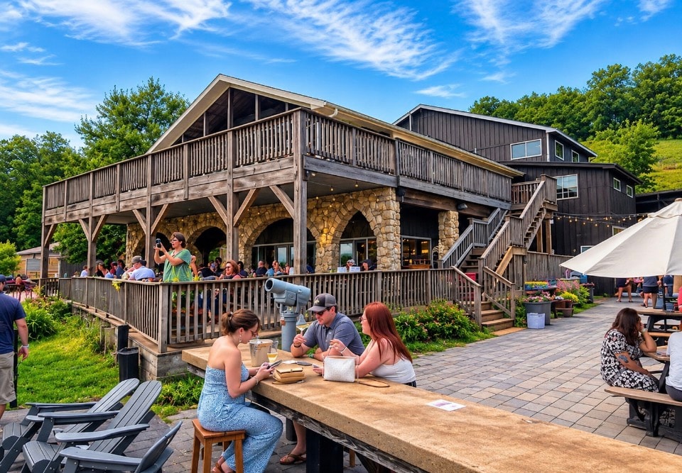 Bluemont Vineyard outdoor winery venue with rustic architecture and guests dining on the deck