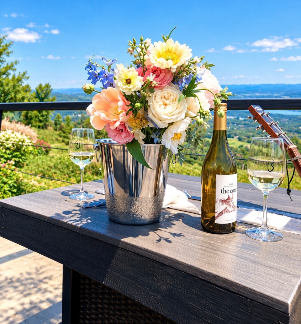 Elegant wine tasting setup with flowers, wine bottle and glasses overlooking vineyard valley