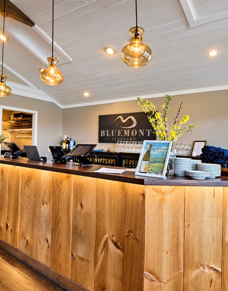 Bluemont Vineyard tasting room interior with warm wood bar and pendant lighting