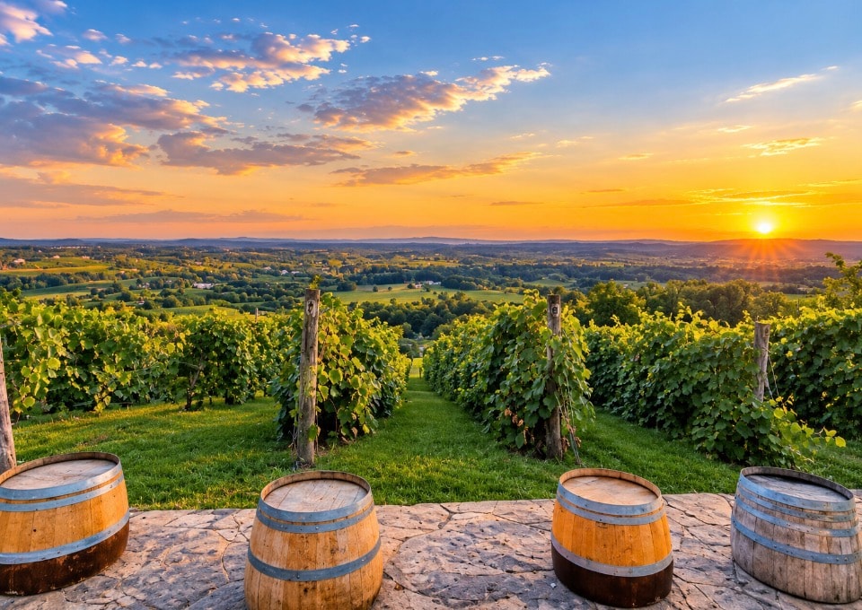 Virginia vineyard sunset with wine barrels and rolling countryside views