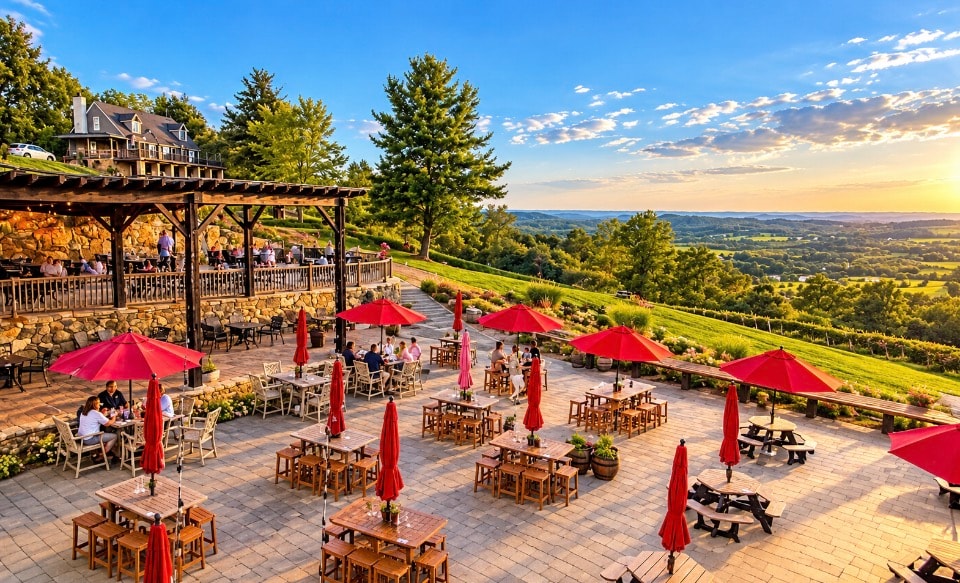 Winery outdoor patio with red umbrellas and panoramic landscape views at golden hour