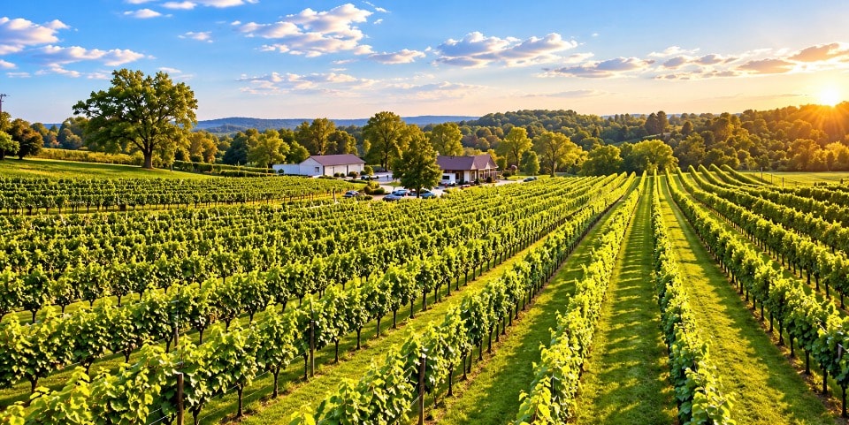 Virginia vineyard rows with farmhouse and golden sunset sky