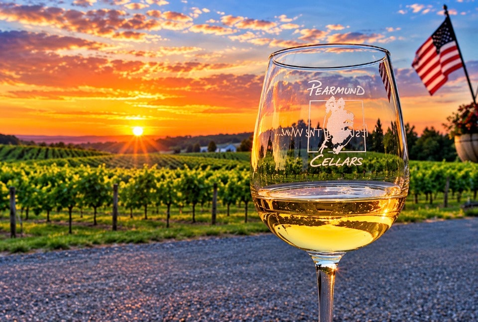 Pearmund Cellars wine glass with vineyard sunset and American flag backdrop