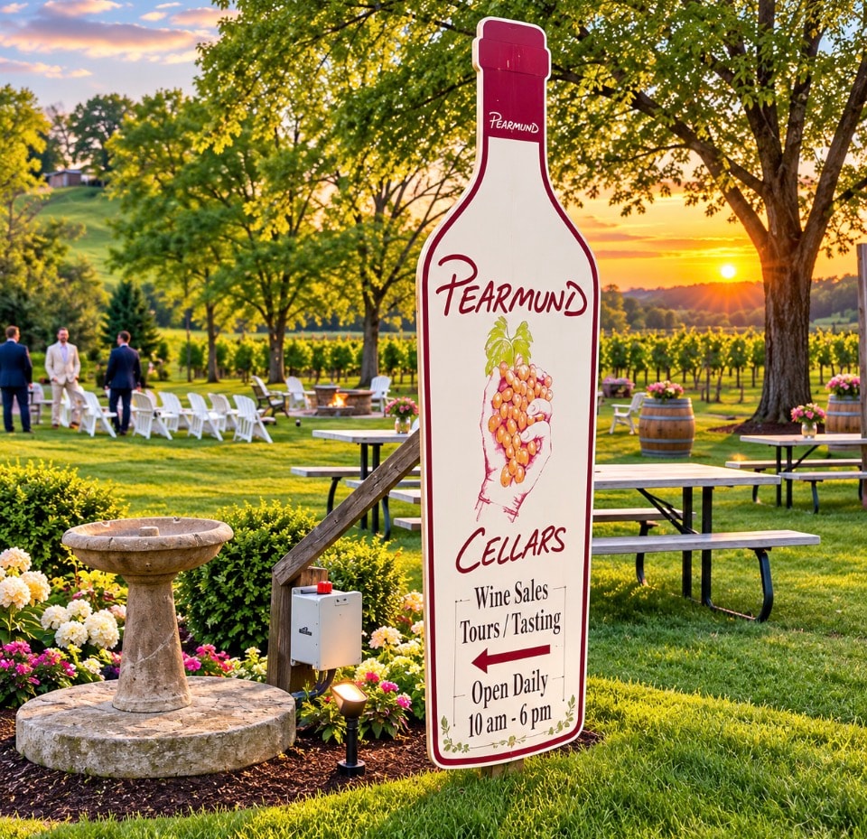 Pearmund Cellars bottle-shaped sign at vineyard venue with outdoor seating at sunset