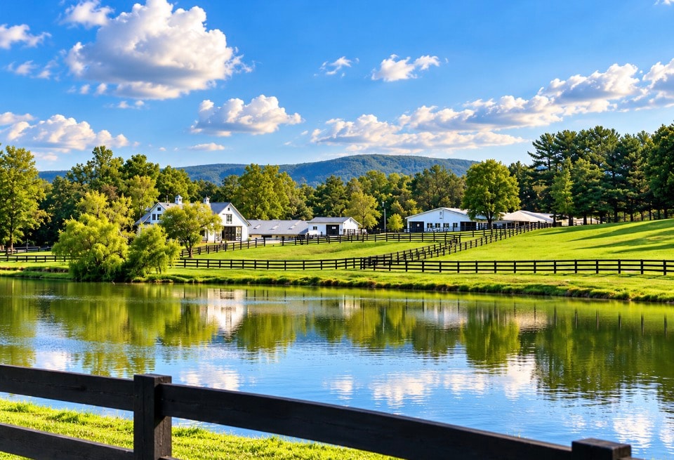 Scenic Virginia farm estate with pond, white barn buildings and mountain backdrop