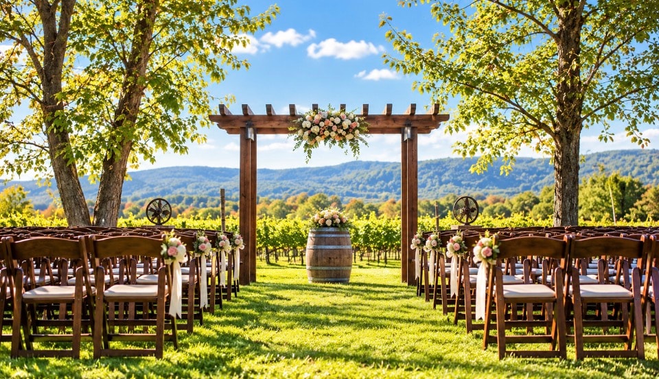 Outdoor vineyard wedding ceremony with wooden pergola, floral arch and mountain views