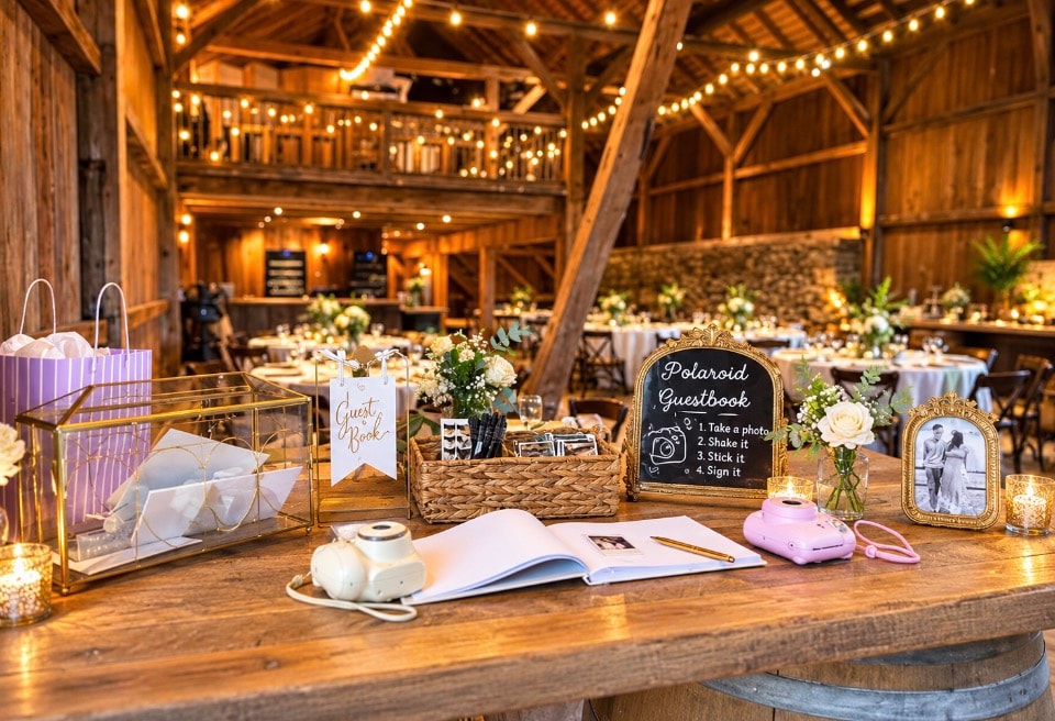 Rustic barn wedding reception with string lights, guest book station and floral arrangements
