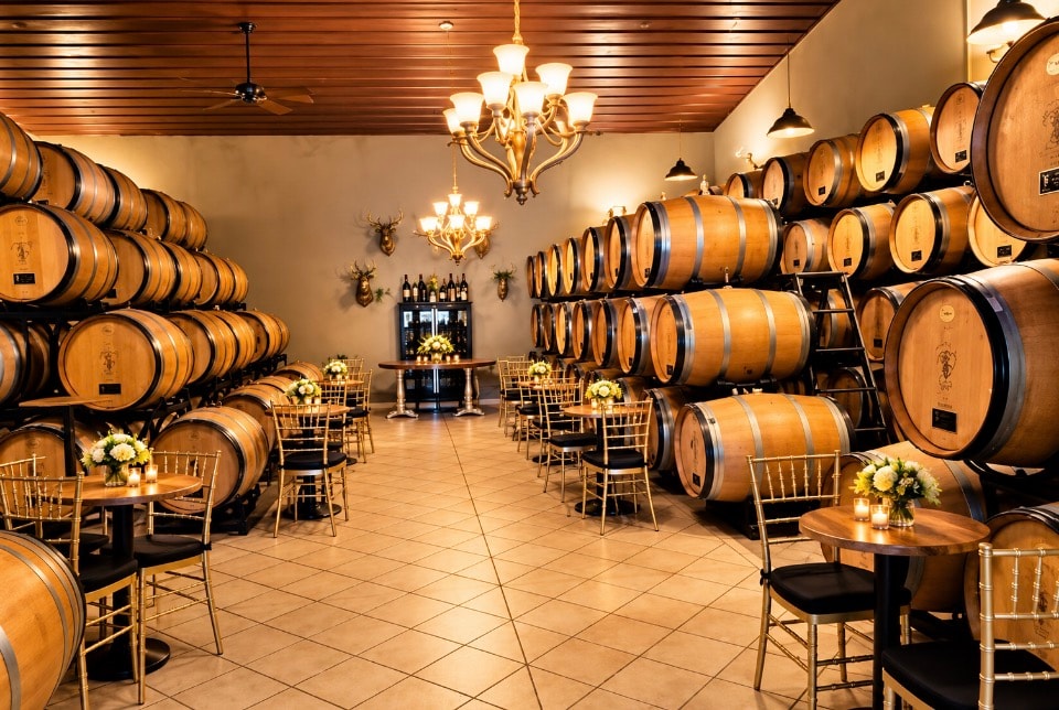 Winery barrel room event space with chandeliers, oak barrels and gold chiavari chairs