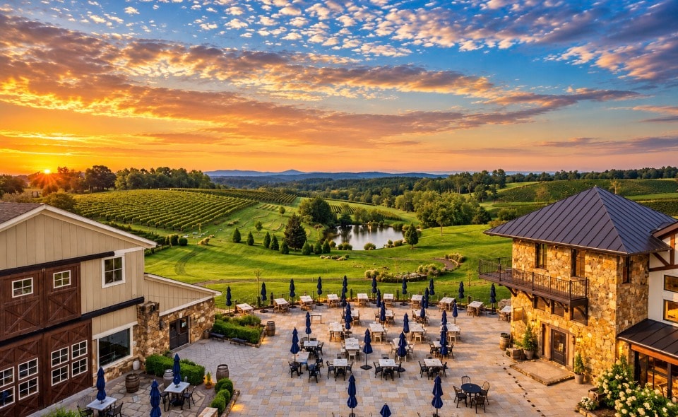 Winery patio with blue umbrellas and vineyard views at golden hour