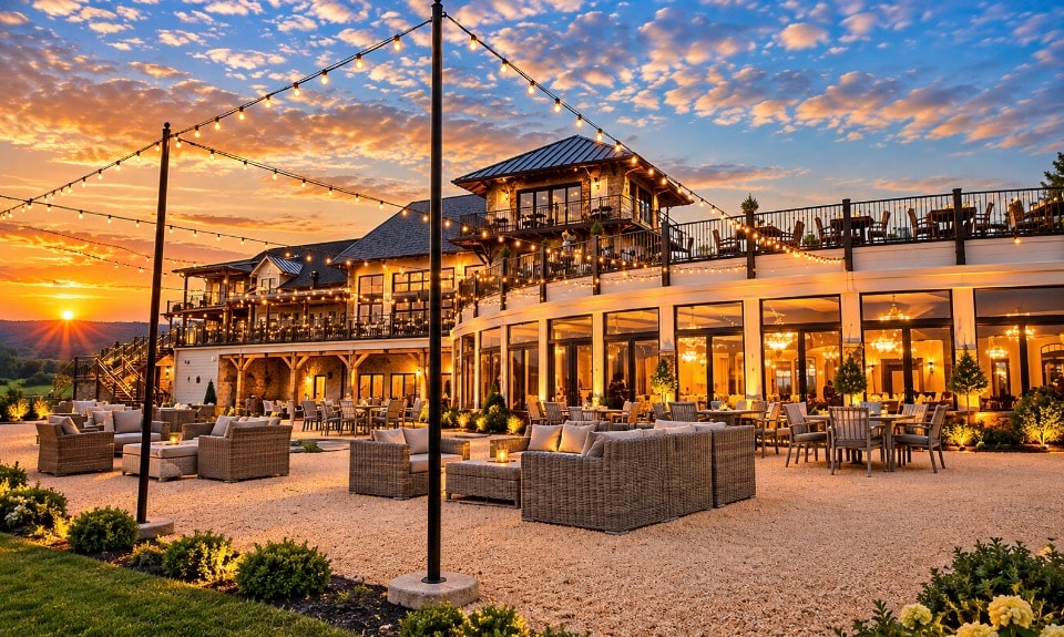Luxury winery venue at sunset with string lights and outdoor lounge seating