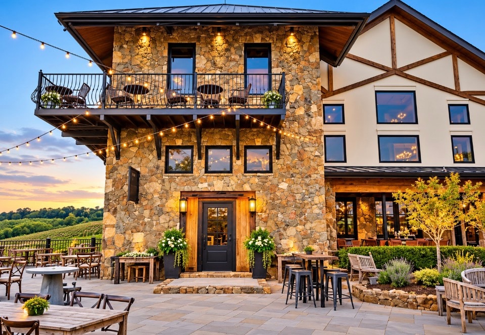 Stone winery building exterior with string lights and vineyard at dusk