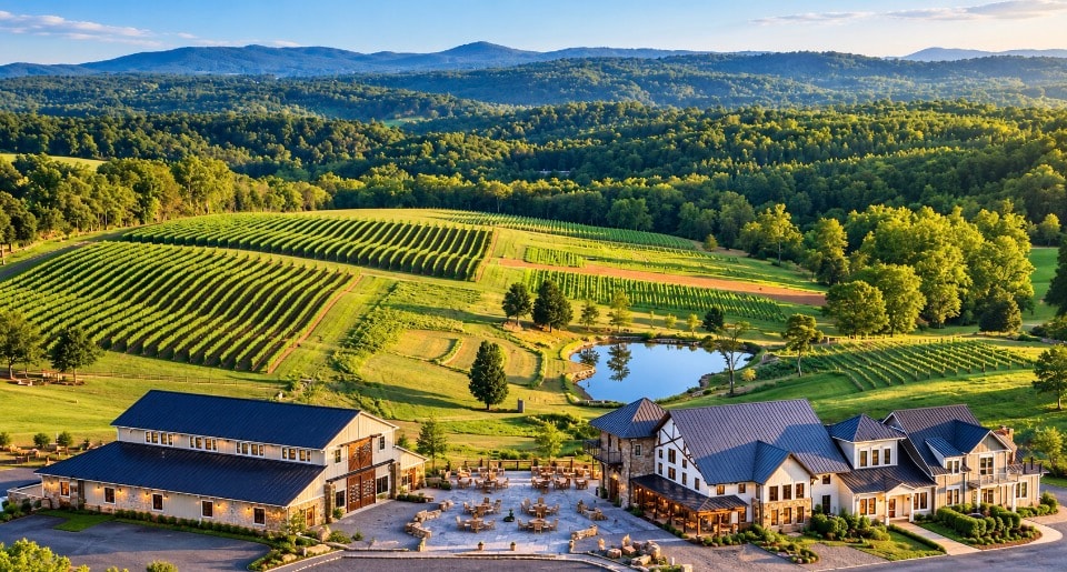 Aerial view of Virginia winery estate with vineyard rows and mountain backdrop