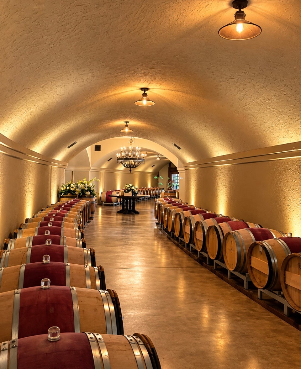 Wine barrel cellar with warm amber lighting and arched ceiling